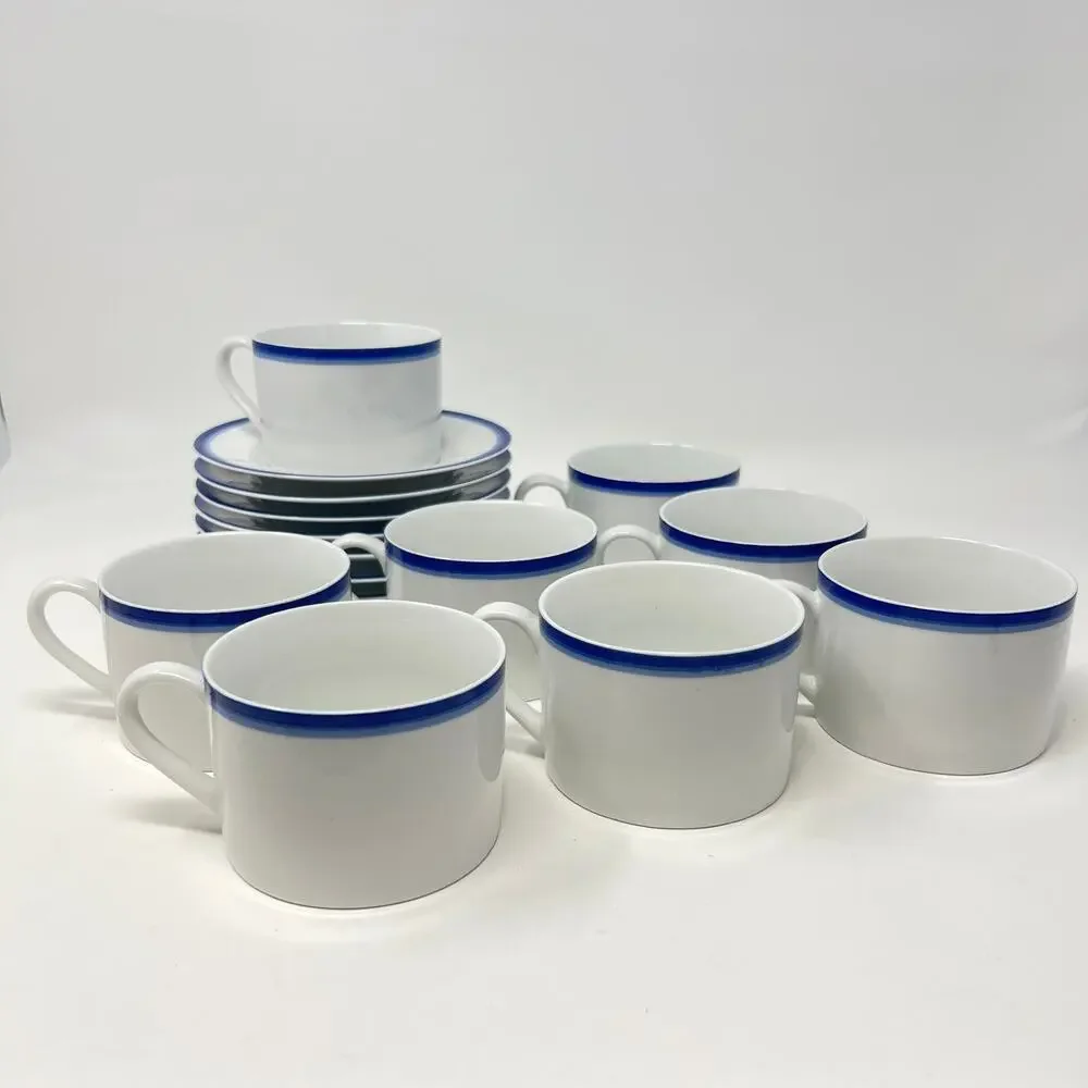 Crate and Barrel CBL16 Flat Cup Saucer Set of 8 Blue Rim White Porcelain Vintage